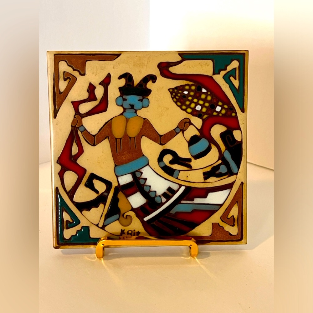 Kachina Art Tile Hand Painted Native American Style Hopi Theme. Signed Krit